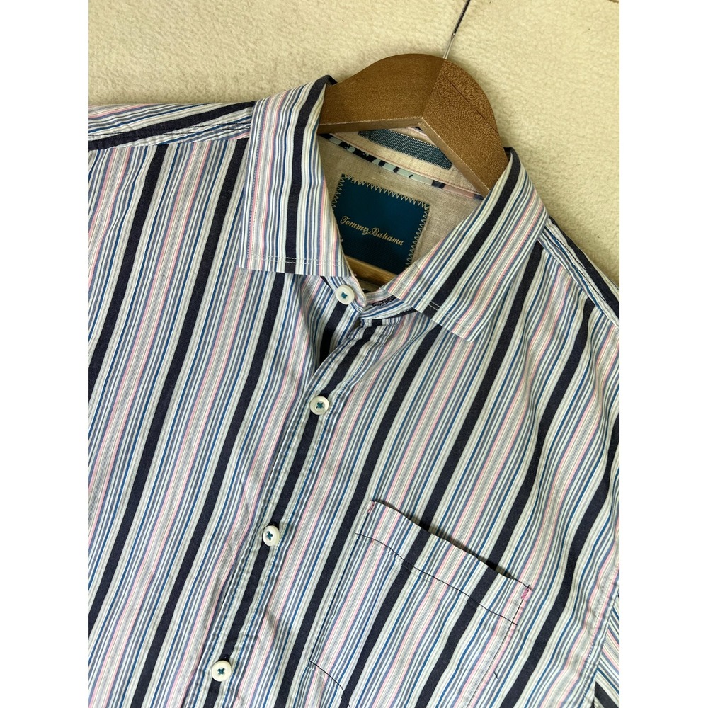 Tommy Bahama Shirt Men's Large Island Modern Fit Pink Blue Striped Button Up